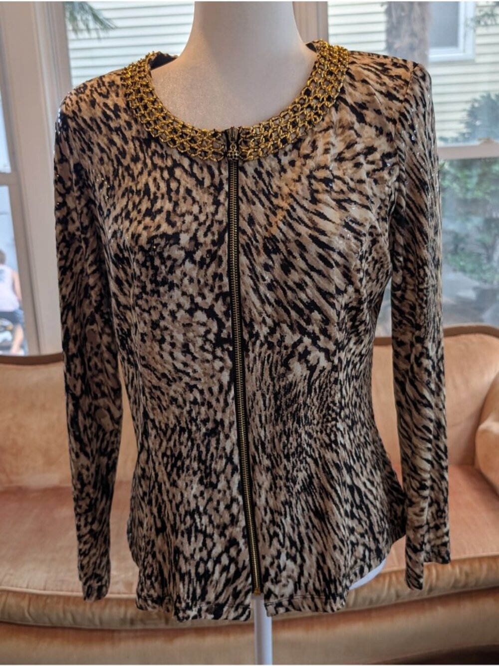Vintage MSK Leopard Print Blouse Jacket Size M Full Zip Gold Chain Old Money